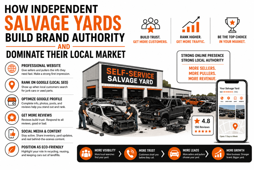 A visual guide showing how independent salvage yards can build brand authority through a professional website, local SEO, Google Business Profile optimization, customer reviews, social content, and eco-friendly positioning to win more trust, traffic, leads, and local market growth.