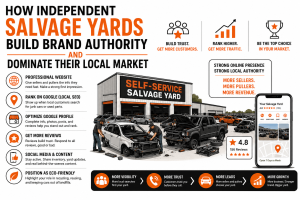 A visual guide showing how independent salvage yards can build brand authority through a professional website, local SEO, Google Business Profile optimization, customer reviews, social content, and eco-friendly positioning to win more trust, traffic, leads, and local market growth.