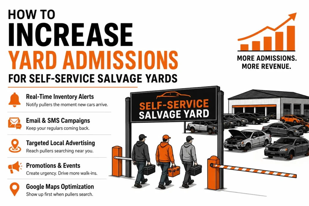 Increase yard admissions with Google Maps optimization, local ads, inventory alerts, email campaigns, and promotions for self-service salvage yards.