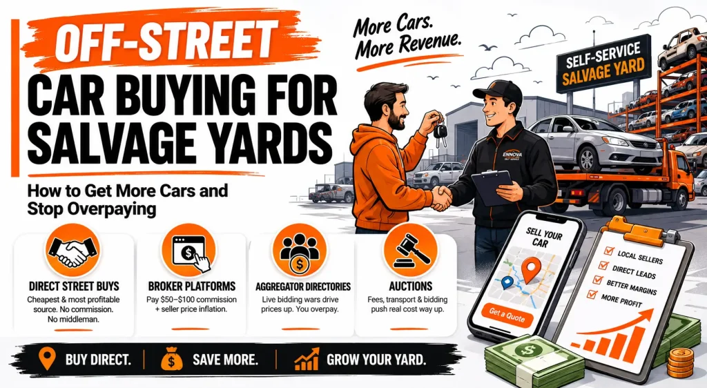 Off-street car buying infographic for self-service salvage yards showing direct street buys, broker platforms, aggregator directories, auctions, tow truck, seller handoff, and profit growth visuals.