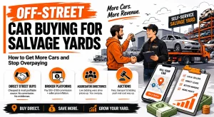 Off-street car buying infographic for self-service salvage yards showing direct street buys, broker platforms, aggregator directories, auctions, tow truck, seller handoff, and profit growth visuals.