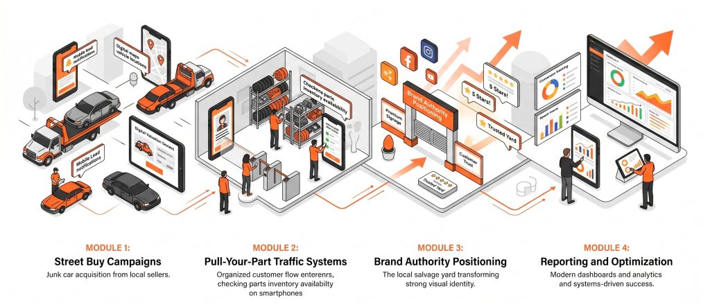 Pull Your Part Accelerator growth systems illustration showing street buy campaigns, pull-your-part traffic systems, brand authority positioning, and reporting optimization for independent self-service salvage yards