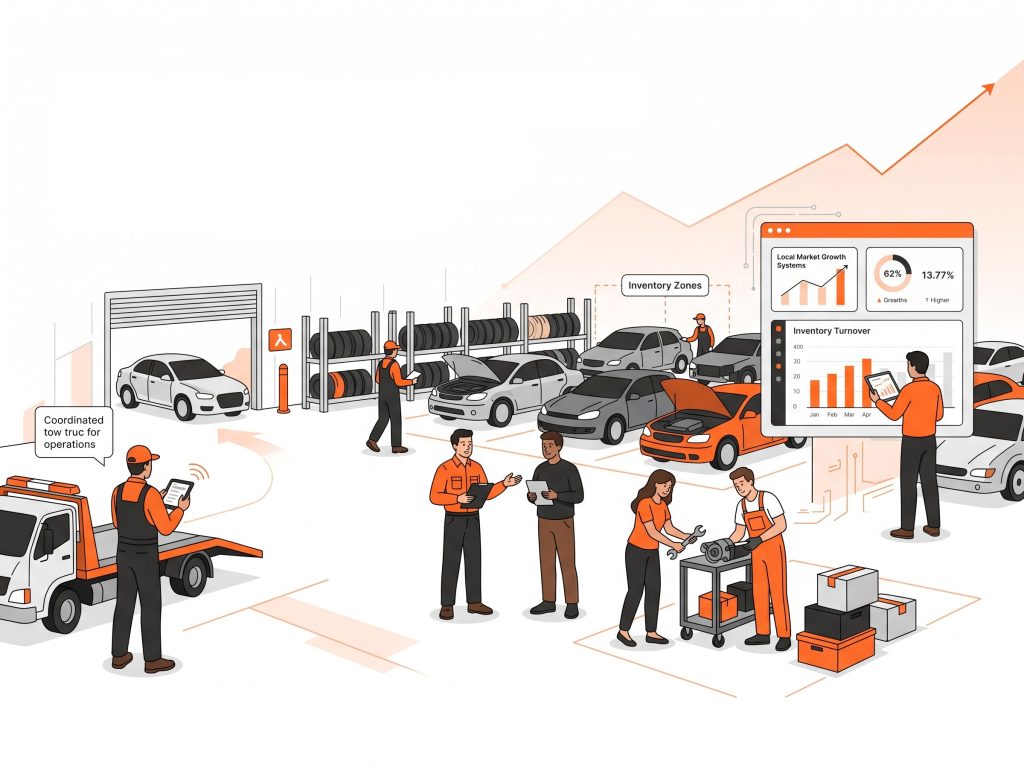 Pull Your Part Accelerator team illustration showing self-service salvage yard industry expertise, inventory operations, vehicle acquisition systems, and growth strategies for independent yards