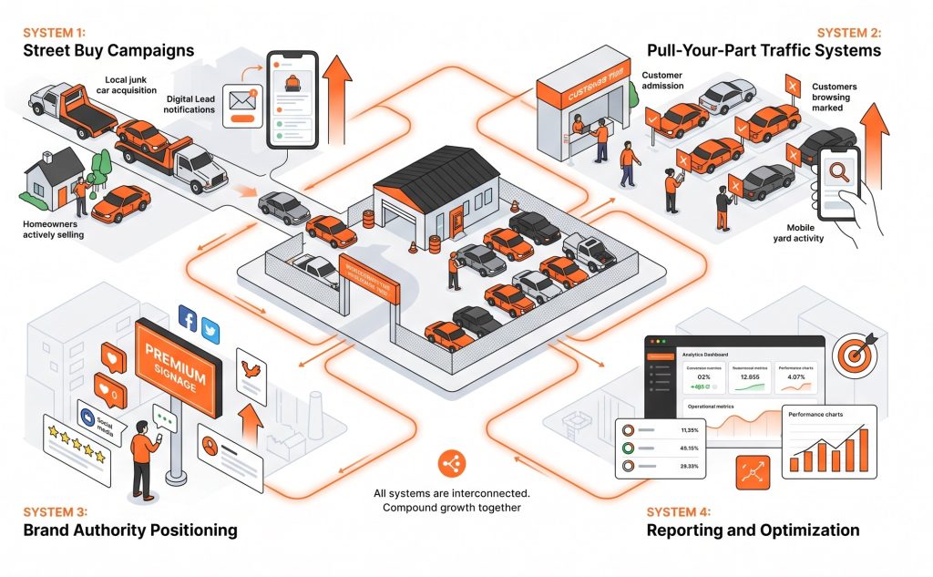 Pull Your Part Accelerator service systems illustration showing street buy campaigns, customer admissions growth, brand authority positioning, and performance optimization for independent self-service salvage yards