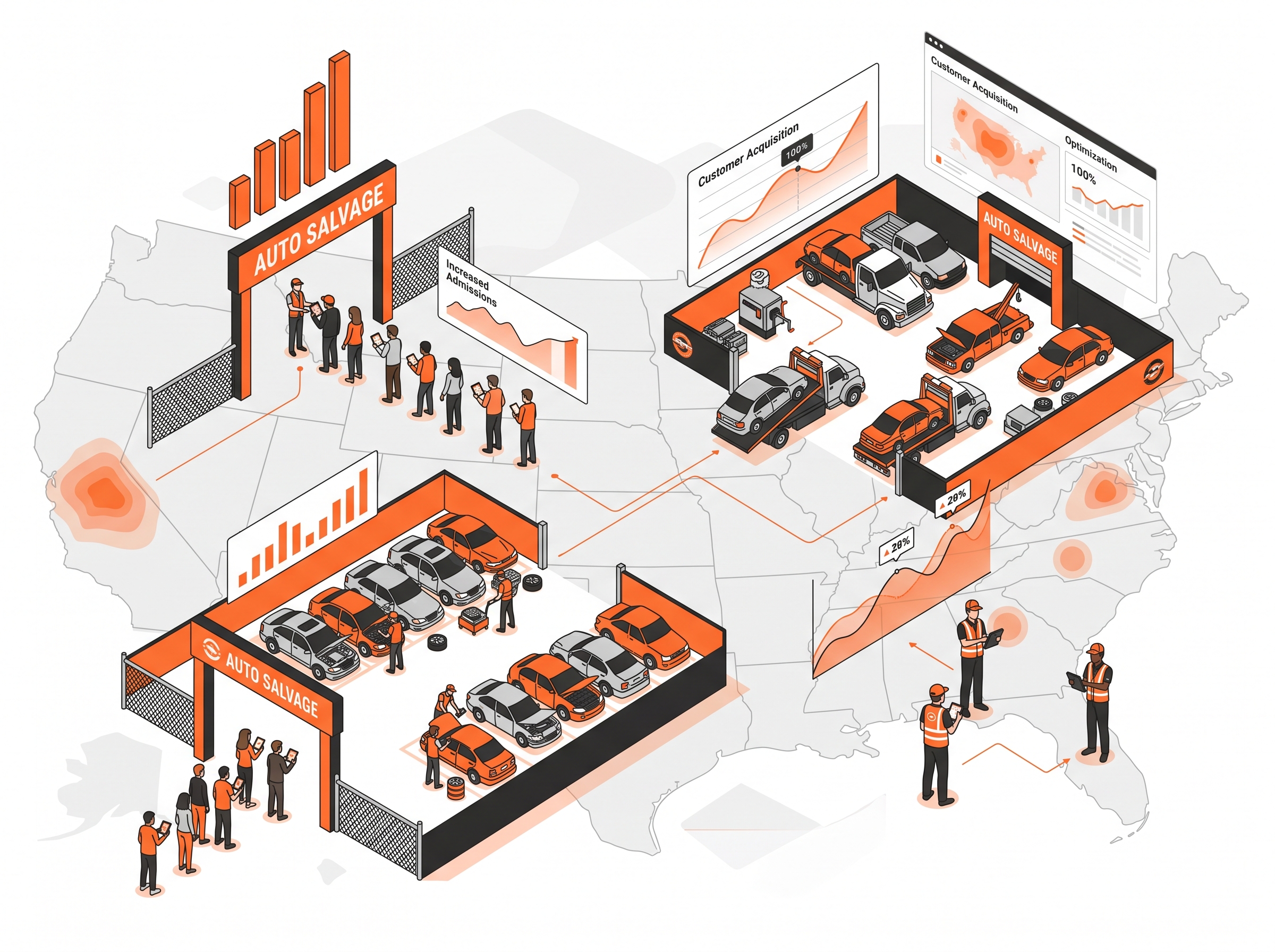 Pull Your Part Accelerator case studies illustration showing proven marketing results for independent self-service salvage yards, including increased yard admissions, customer acquisition, and local market growth