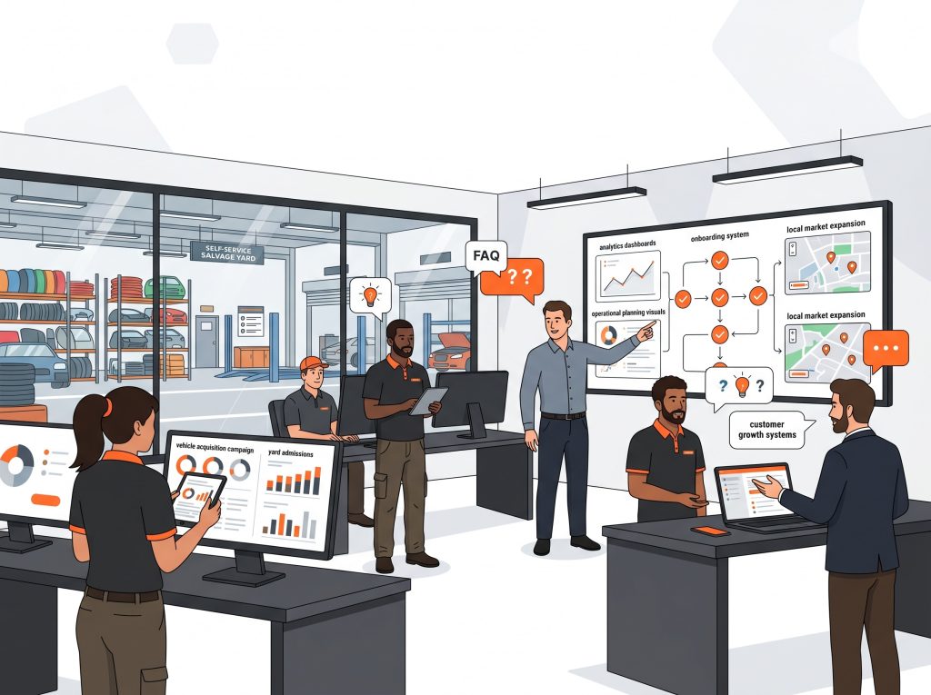 Pull Your Part Accelerator FAQ illustration showing answers to common self-service salvage yard questions about marketing, yard admissions, vehicle acquisition, and business growth