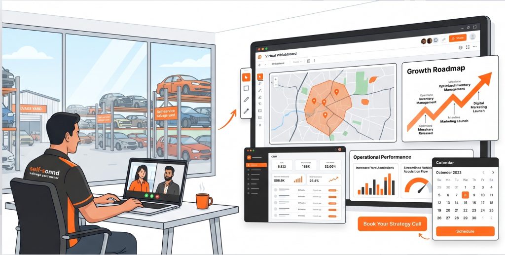 Self-service salvage yard owner on a strategy call reviewing marketing dashboards for increasing yard admissions, off-street car buys, and local market authority
