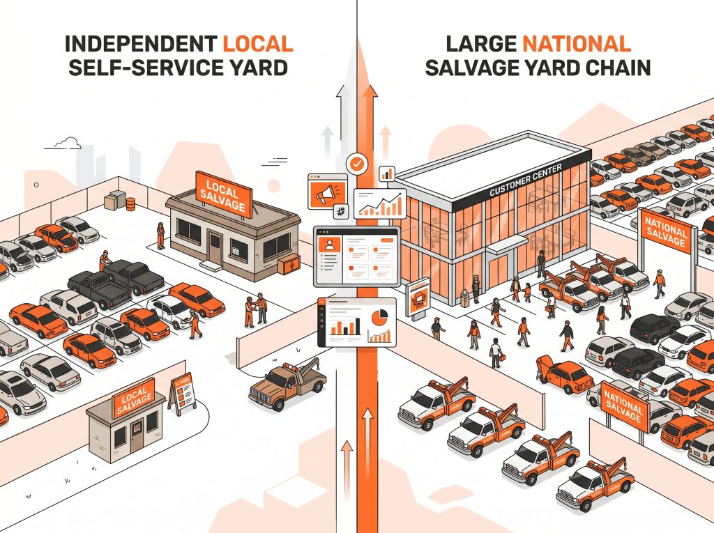 Pull Your Part Accelerator comparison illustration showing an independent local self-service salvage yard competing against a large national salvage yard chain that has stronger marketing systems