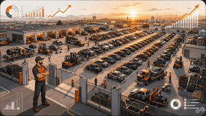 Wide isometric illustration of self service salvage yard growth with organized rows of cars, tow trucks, forklifts, workers, customers, and upward growth chart lines.