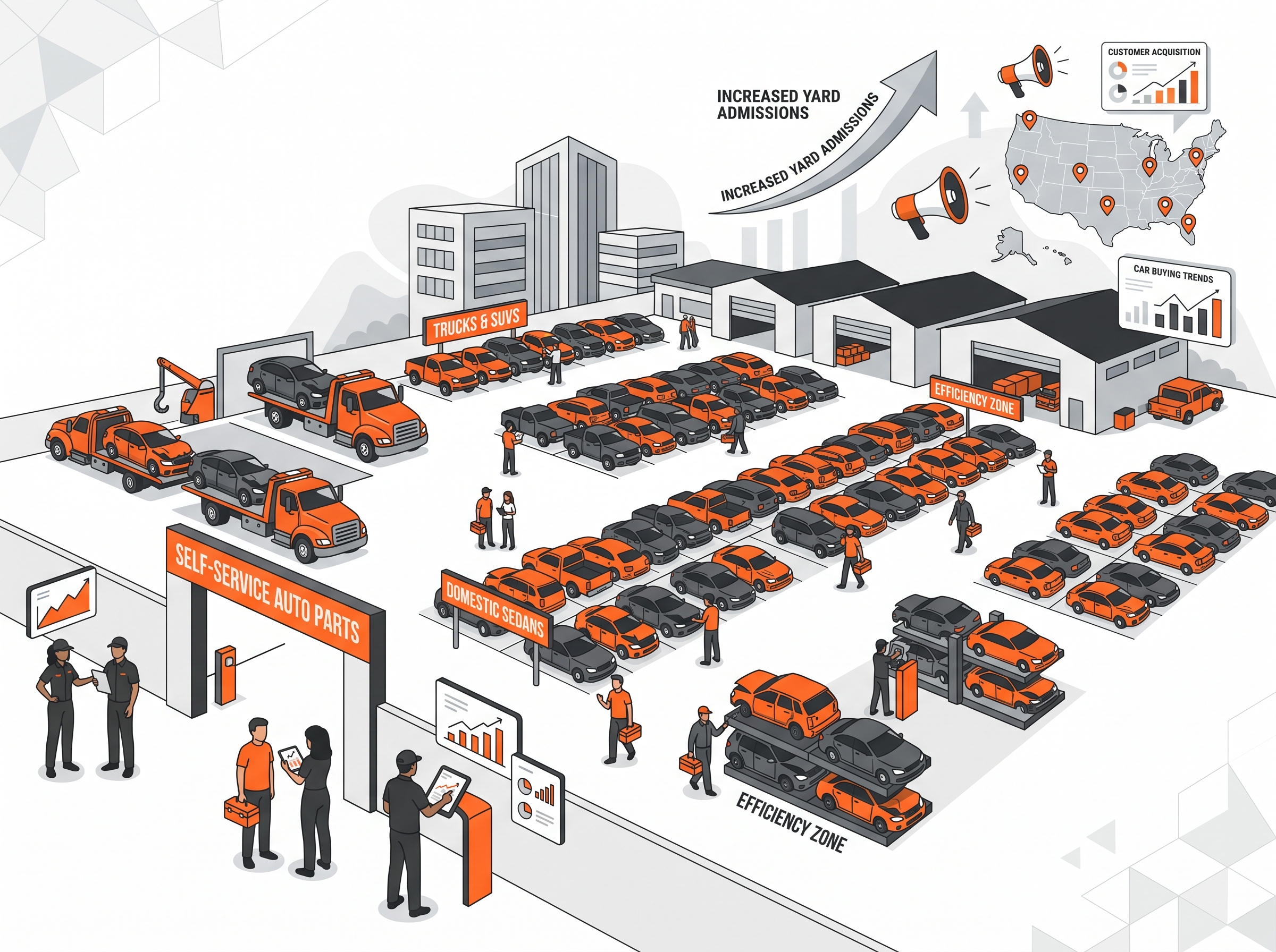 Pull Your Part Accelerator illustration showing an independent self-service salvage yard increasing street buys, yard admissions, and local market growth through proven marketing systems