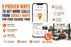 Minimalist flat vector infographic illustrating how to get more calls from Google Maps for self-service salvage yards, featuring a central salvage yard connected to local SEO elements including a Google Maps location pin, mobile search results, customer phone call icons, direction requests, online reviews, visibility indicators, and walk-in traffic graphics, highlighting the process of increasing local search visibility, customer inquiries, and Google Maps leads.