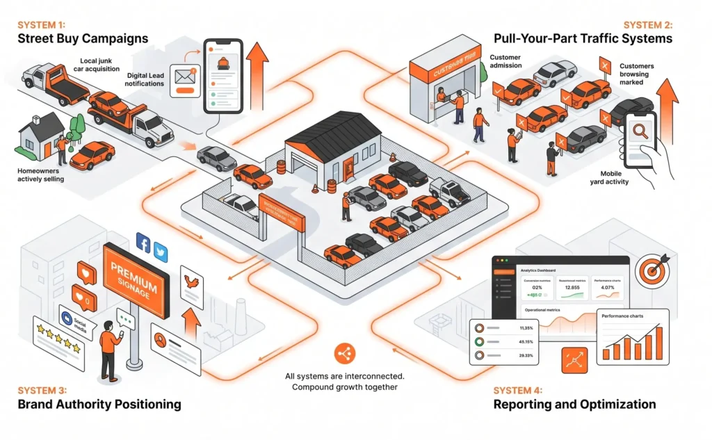 Pull Your Part Accelerator service systems illustration showing street buy campaigns, customer admissions growth, brand authority positioning, and performance optimization for independent self-service salvage yards