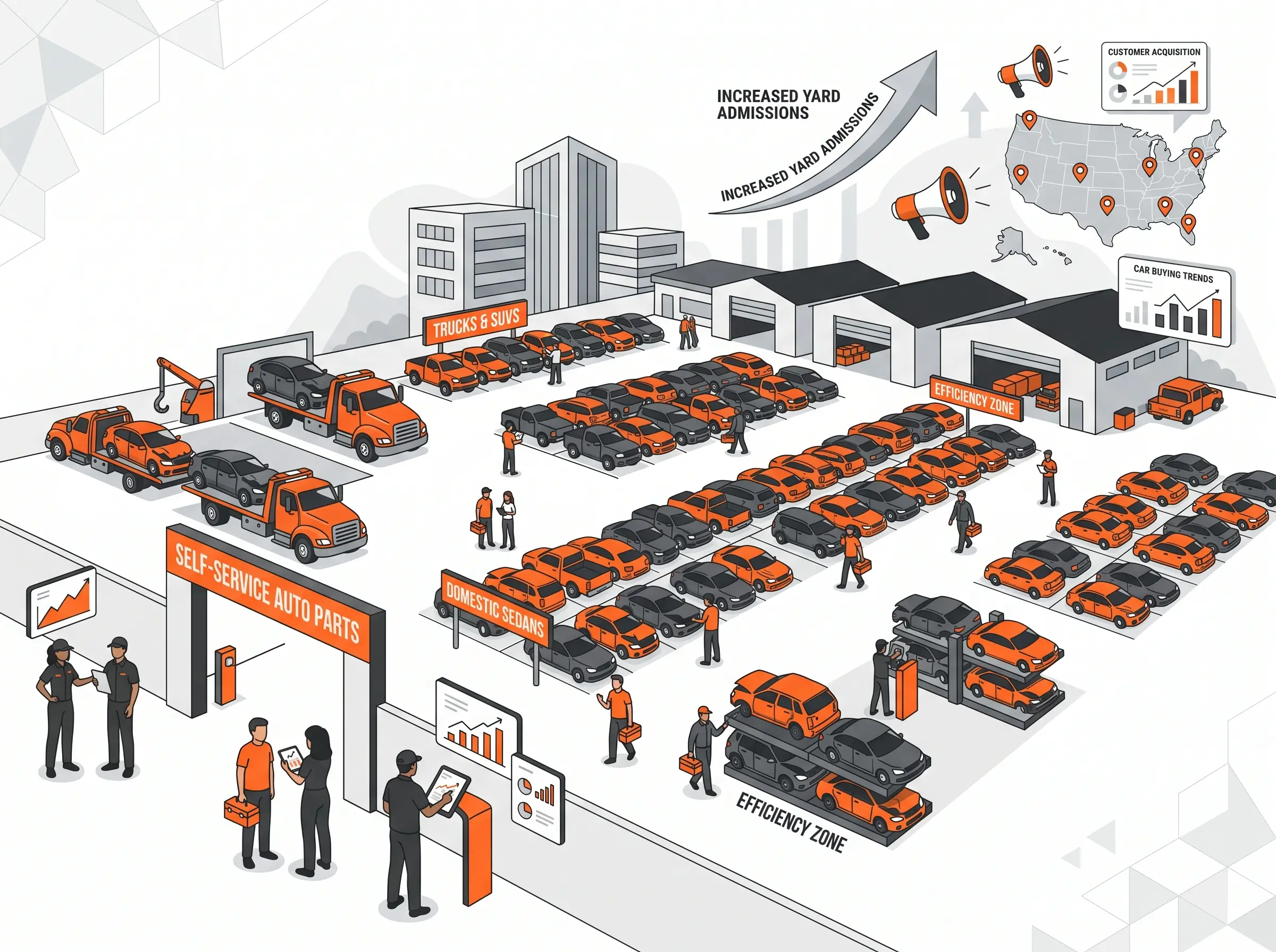 Pull Your Part Accelerator illustration showing an independent self-service salvage yard increasing street buys, yard admissions, and local market growth through proven marketing systems