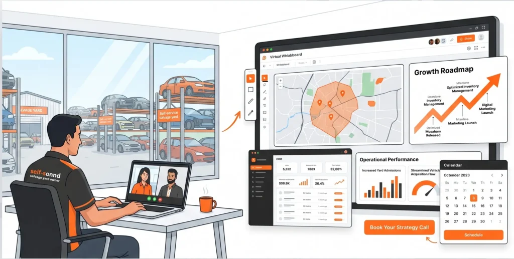 Self-service salvage yard owner on a strategy call reviewing marketing dashboards for increasing yard admissions, off-street car buys, and local market authority