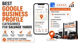 Categories for Salvage Yards Google Business Profile guide showing primary and secondary category choices to help yards get more local buyers, calls, and map visibility.
