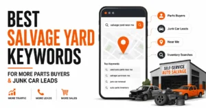 Best Salvage Yard Keywords for More Parts Buyers and Junk Car Leads feature image showing search terms, parts buyers, junk car leads, and inventory searches.
