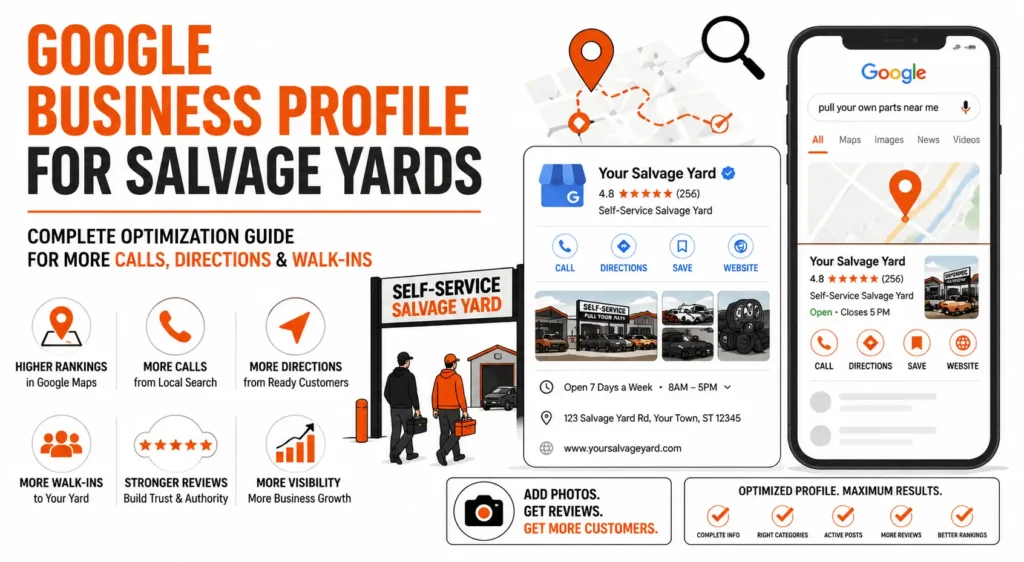 Google Business Profile for Salvage Yards optimization guide showing Google Maps rankings, local search visibility, reviews, directions, calls, and walk-in customer growth for self-service salvage yards.