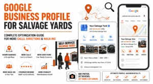 Google Business Profile for Salvage Yards optimization guide showing Google Maps rankings, local search visibility, reviews, directions, calls, and walk-in customer growth for self-service salvage yards.
