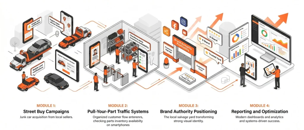Pull Your Part Accelerator growth systems illustration showing street buy campaigns, pull-your-part traffic systems, brand authority positioning, and reporting optimization for independent self-service salvage yards