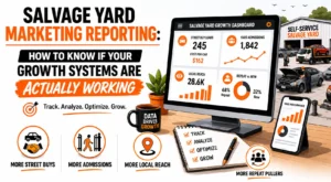 Salvage yard marketing reporting dashboard showing growth metrics for street buys, yard admissions, local reach, and repeat pullers.