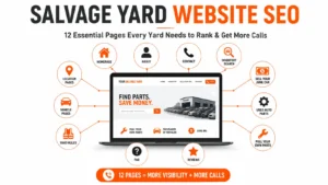 Salvage yard website SEO infographic showing 12 essential pages every salvage yard needs including homepage, inventory search, vehicle pages, location pages, contact, reviews, and used auto parts for better rankings and more calls