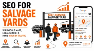 SEO for salvage yards banner showing Google Maps ranking, local search visibility, customer reviews, and walk-in traffic for a self-service salvage yard.