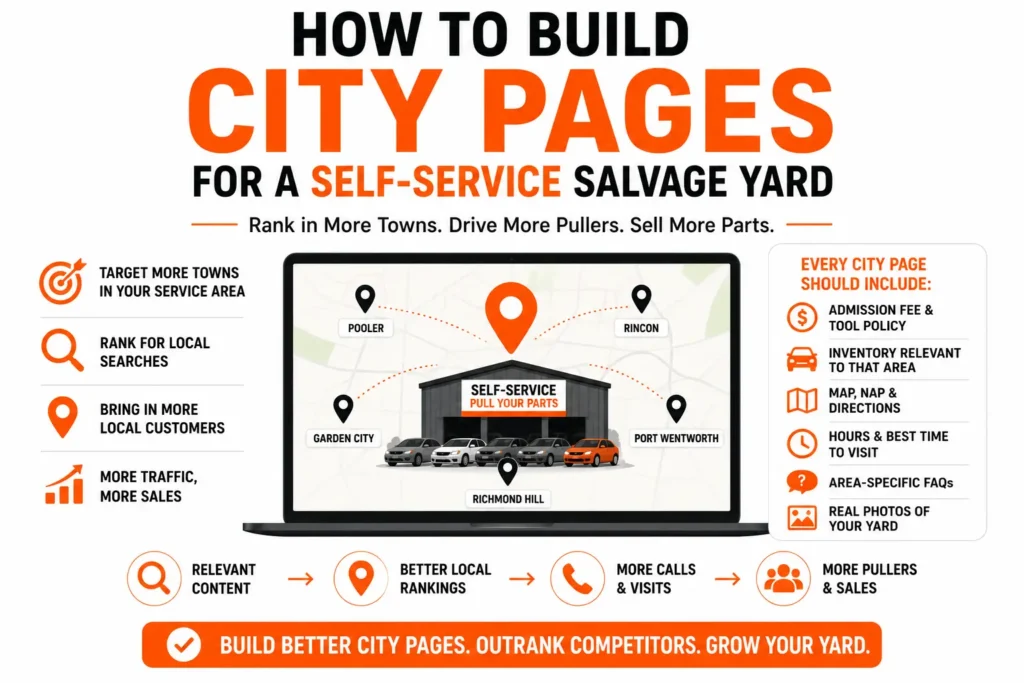 Infographic explaining how to build city pages for a self-service salvage yard to rank in more local searches. It highlights location-specific content, maps, inventory, FAQs, and local SEO strategies to improve rankings, increase calls, and grow sales. Features Pull Your Part Accelerator branding.