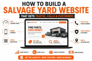 Infographic showing how to build a salvage yard website that drives more traffic, phone calls, and customers with fast loading speed, mobile-friendly design, simple navigation, tap-to-call phone number, trust signals, reviews, searchable inventory, and map location information.