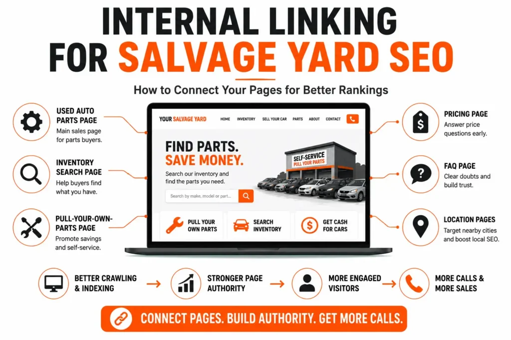 Internal linking for SEO for salvage yards showing how connecting inventory, used auto parts, pricing, FAQ, pull-your-own parts, and location pages helps salvage yards rank higher on Google, improve crawling, grow page authority, and generate more calls.