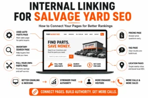 Internal linking for SEO for salvage yards showing how connecting inventory, used auto parts, pricing, FAQ, pull-your-own parts, and location pages helps salvage yards rank higher on Google, improve crawling, grow page authority, and generate more calls.