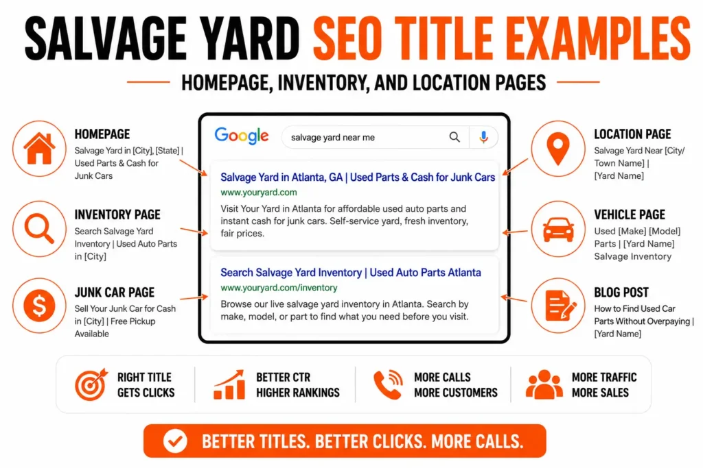Image featuring salvage yard SEO title and meta description examples for homepage, inventory, location, vehicle, junk car, and blog pages, showing optimized Google search snippets that improve clicks, rankings, calls, and traffic.