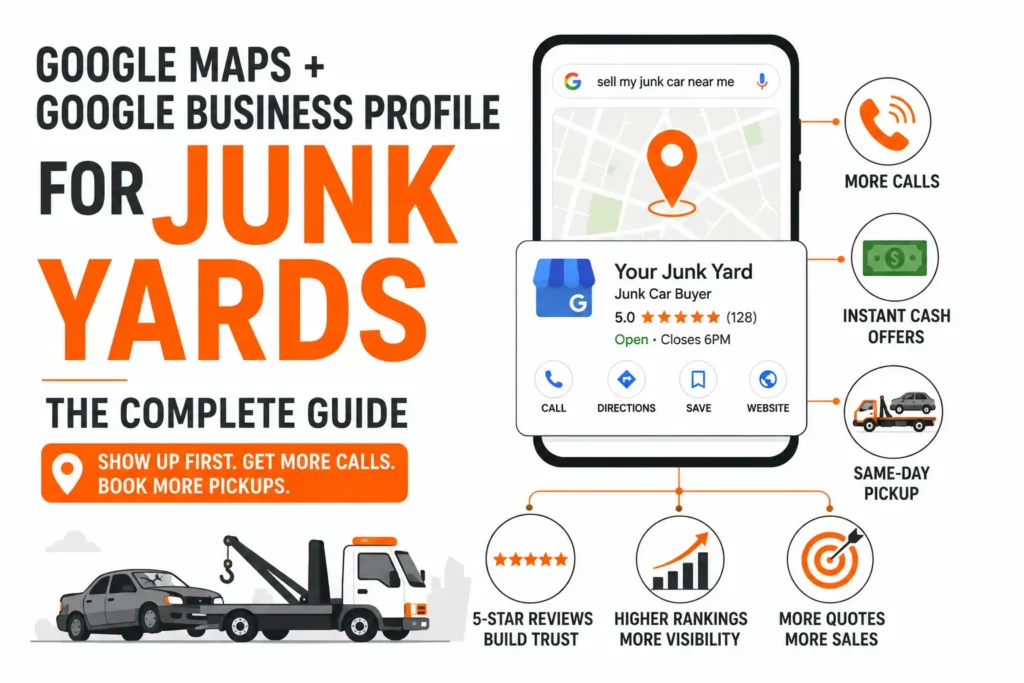 Infographic explaining how Google Business Profile and Google Maps for junkyards help attract more local customers. It features a Google Business Profile listing connected to benefits such as more calls, instant cash offers, same-day vehicle pickup, 5-star reviews, higher local rankings, and increased visibility to generate more quotes and car buys.