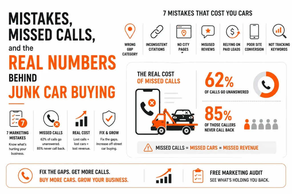 Infographic about junk car buying marketing highlighting seven common mistakes that reduce car buying opportunities, including missed calls, incorrect Google Business Profile categories, inconsistent citations, missing city pages, poor reviews, overreliance on paid ads, weak website conversions, and lack of keyword tracking. The graphic also shows how missed calls lead to lost vehicles and lost revenue.