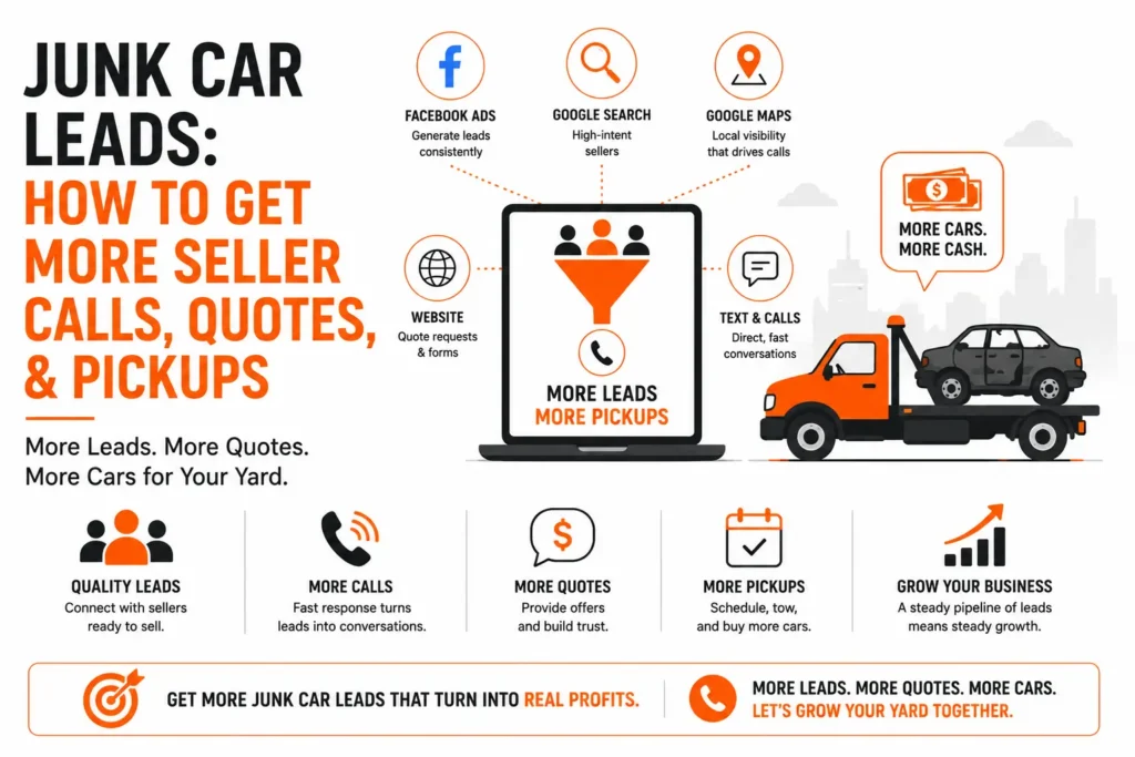 Infographic about junk car leads showing how Facebook Ads, Google Search, Google Maps, a website, and text and phone calls can generate more seller inquiries and vehicle pickups. The graphic highlights quality leads, fast responses, more quotes, scheduled pickups, and business growth for junk car buyers.