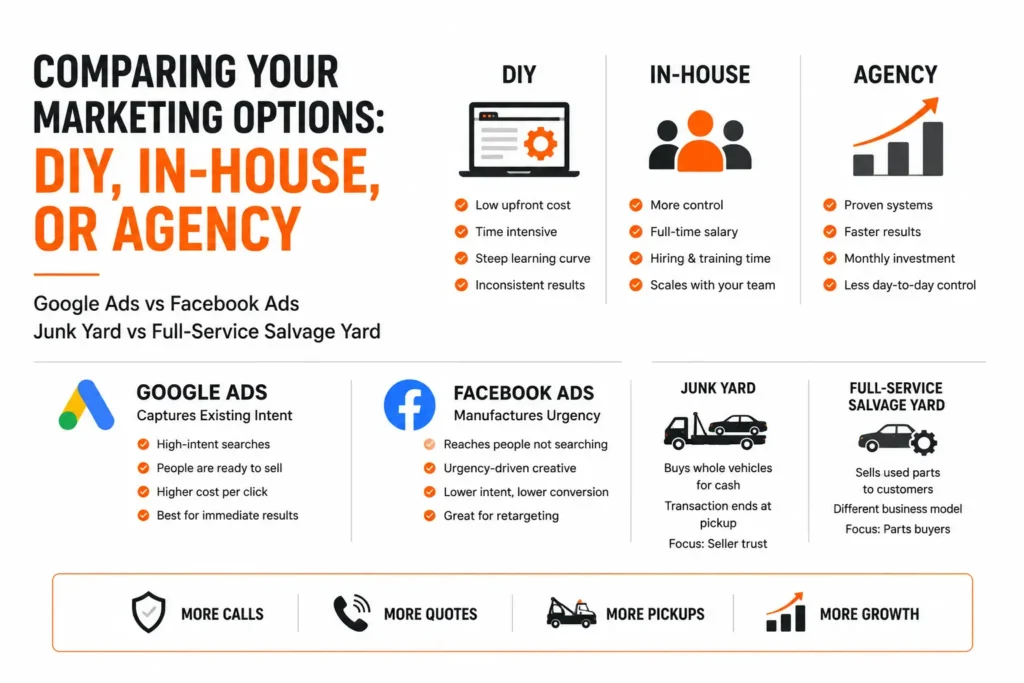 Infographic comparing marketing options for salvage yards and junk car buyers, including DIY marketing, an in-house marketing team, and hiring an agency. It also compares Google Ads versus Facebook Ads and highlights the differences between junk yard and full-service salvage yard business models to help owners choose the right marketing strategy for more calls, quotes, pickups, and business growth.