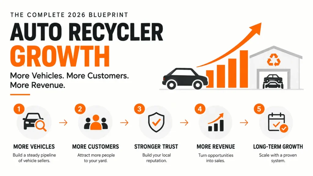 Infographic about auto recycler growth showing a 12-month strategy focused on acquiring more vehicles, attracting more customers, building local trust, increasing revenue, and achieving long-term growth.