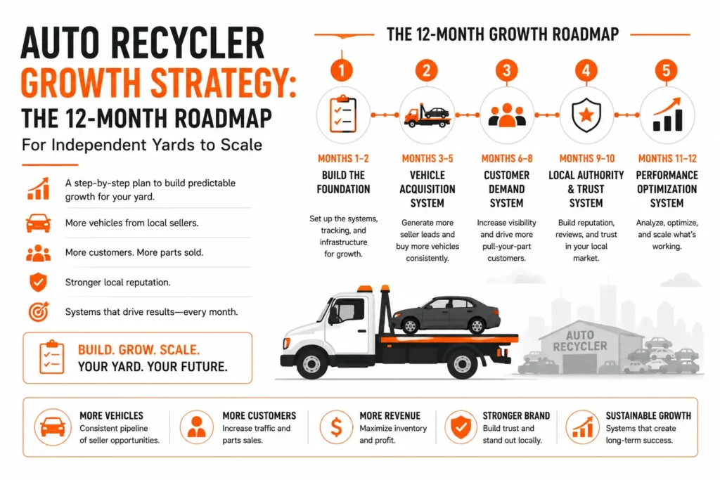 Infographic showing an auto recycler growth strategy with a 12-month roadmap for independent yards. It outlines five stages: building a growth foundation, creating a vehicle acquisition system, increasing customer demand, building local authority and trust, and optimizing performance. The graphic highlights goals such as more vehicles, customers, parts sales, revenue, stronger local reputation, and sustainable growth.