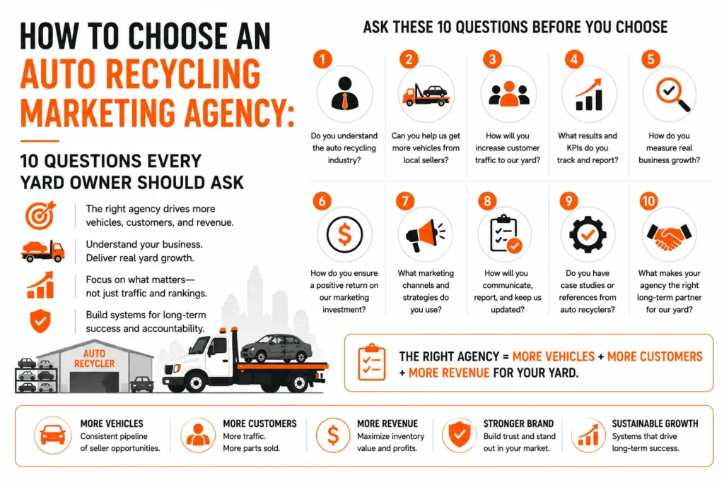 Infographic explaining how to choose an auto recycling marketing agency, featuring 10 questions yard owners should ask about industry experience, vehicle acquisition, customer growth, KPIs, marketing channels, communication, case studies, and long-term results. The graphic highlights how the right agency can help an auto recycler gain more vehicles, customers, revenue, and sustainable growth.