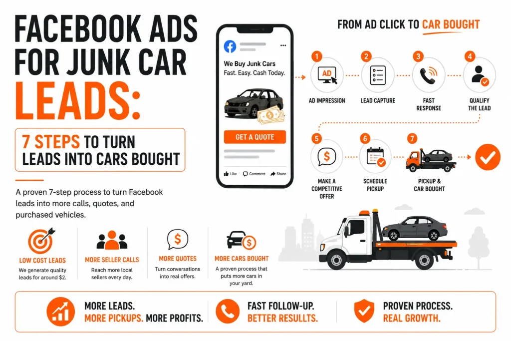 Infographic about Facebook Ads for junk car leads showing a 7-step process for turning Facebook ad clicks into purchased vehicles. It highlights ad impressions, lead capture, fast response, competitive offers, scheduled pickups, and completed car purchases, with the goal of generating more seller calls, quotes, pickups, and junk cars for the yard.
