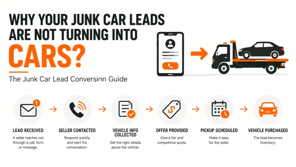 Infographic about junk car lead conversion showing the process of turning seller inquiries into purchased vehicles: lead received, seller contacted, vehicle information collected, offer provided, pickup scheduled, and vehicle purchased.