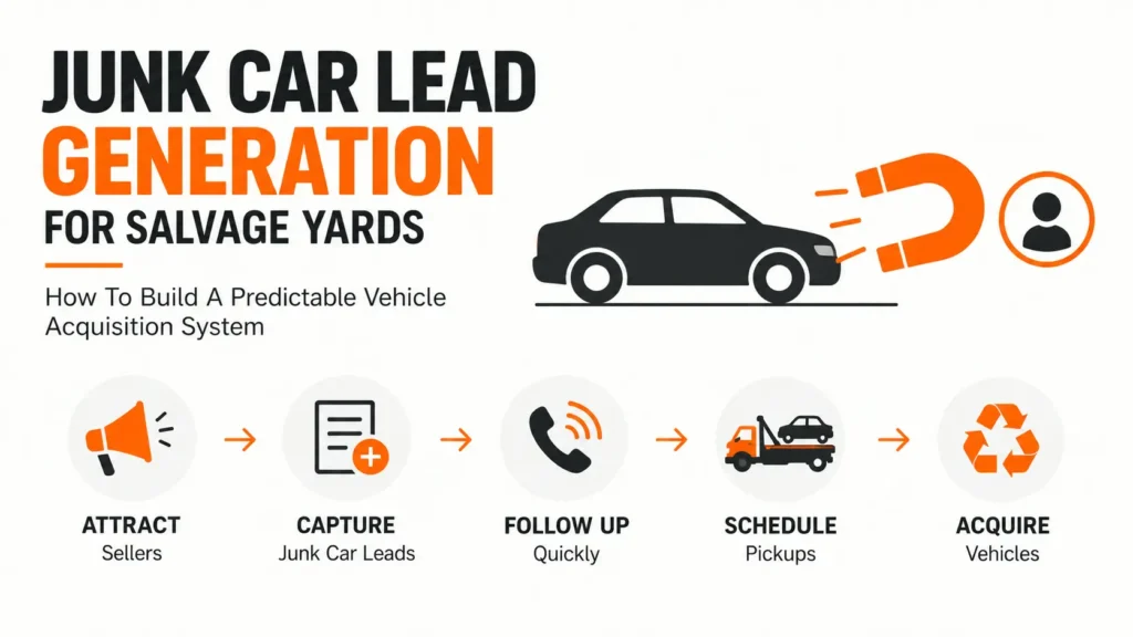 Infographic about junk car lead generation for salvage yards showing a five-step vehicle acquisition process: attract sellers, capture junk car leads, follow up quickly, schedule pickups, and acquire vehicles.