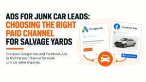 Infographic comparing ads for junk car leads on Google Ads and Facebook Ads to help salvage yards generate more junk car seller inquiries.