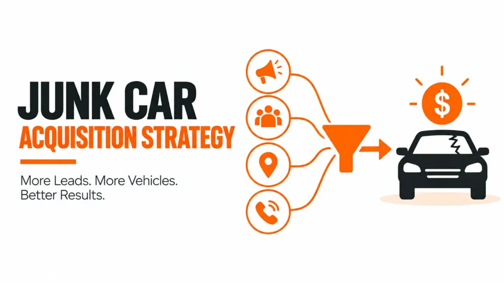 Infographic showing a junk car acquisition strategy that combines marketing, local targeting, customer outreach, and phone leads to generate more vehicle acquisitions.