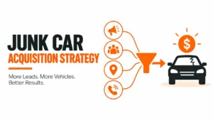 Infographic showing a junk car acquisition strategy that combines marketing, local targeting, customer outreach, and phone leads to generate more vehicle acquisitions.