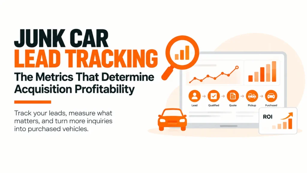 Infographic showing junk car lead tracking from lead and quote to pickup and vehicle sale, with metrics for qualified leads, pickups, and revenue.