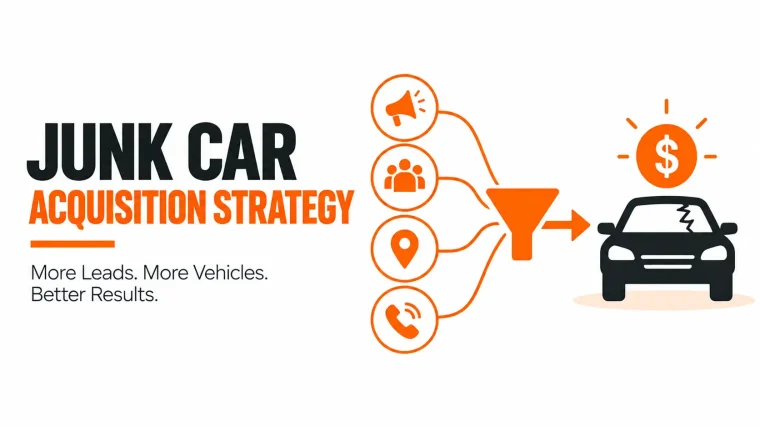 Infographic showing a junk car acquisition strategy that combines marketing, local targeting, customer outreach, and phone leads to generate more vehicle acquisitions.