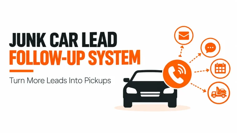 Infographic showing a junk car lead follow-up system that uses phone calls, messages, email, scheduling, and pickup coordination to turn vehicle seller leads into completed pickups.