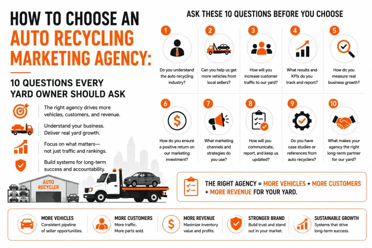 Infographic explaining how to choose an auto recycling marketing agency, featuring 10 questions yard owners should ask about industry experience, vehicle acquisition, customer growth, KPIs, marketing channels, communication, case studies, and long-term results. The graphic highlights how the right agency can help an auto recycler gain more vehicles, customers, revenue, and sustainable growth.
