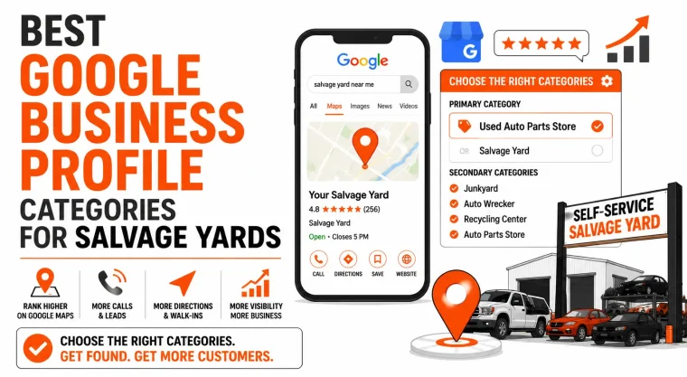 Categories for Salvage Yards Google Business Profile guide showing primary and secondary category choices to help yards get more local buyers, calls, and map visibility.