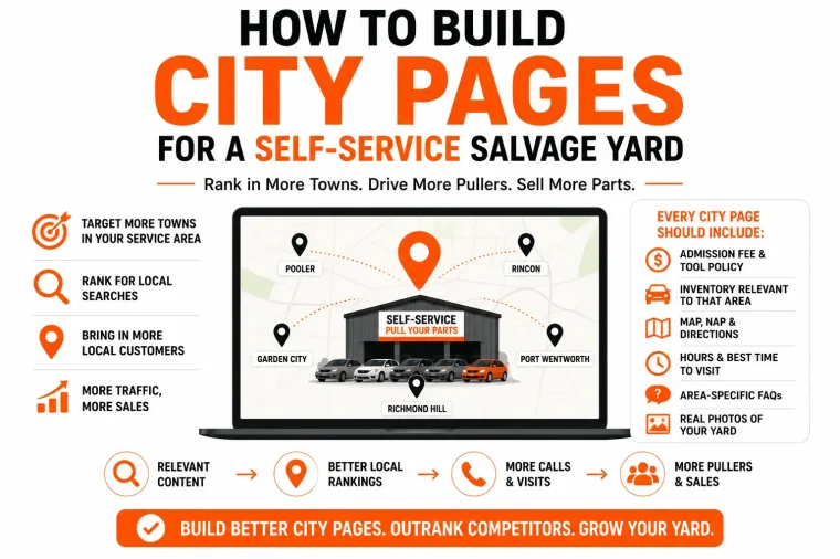 Infographic explaining how to build city pages for a self-service salvage yard to rank in more local searches. It highlights location-specific content, maps, inventory, FAQs, and local SEO strategies to improve rankings, increase calls, and grow sales. Features Pull Your Part Accelerator branding.